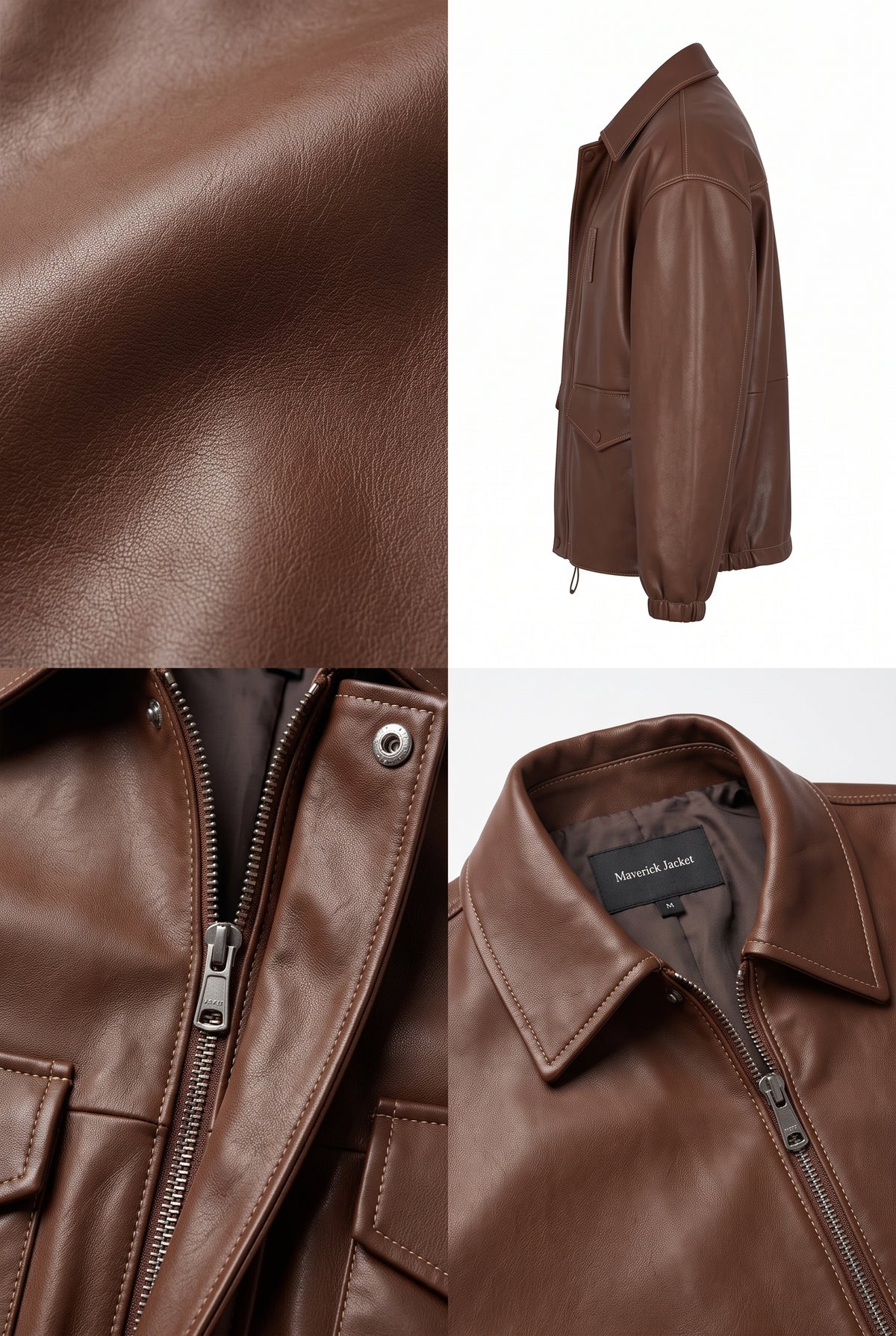 A Maverick Torrance chestnut leather coach jacket shown in a multi-panel collage: a close-up of the leather texture, a side profile view, and a front view with the collar and zipper detail.