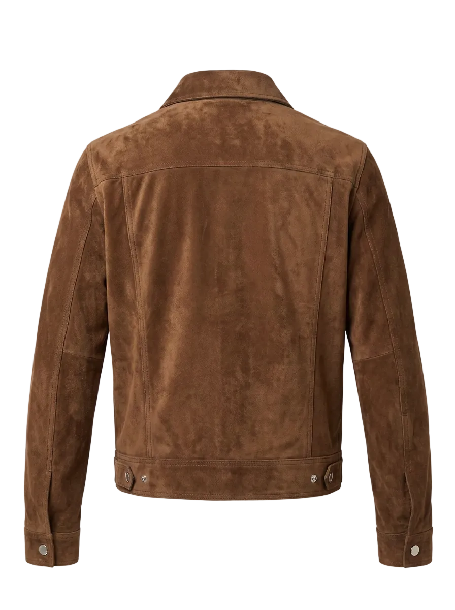 Maverick Gatlin tobacco suede trucker jacket in a front view in ghost mannequin with point collar, silver snaps and chest pockets.
