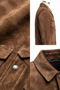 A Maverick Gatlin tobacco suede trucker jacket shown in a multi-view collage, including a close-up of the textured fabric, a side profile on a mannequin, and a collar detail with a silver snap button.
