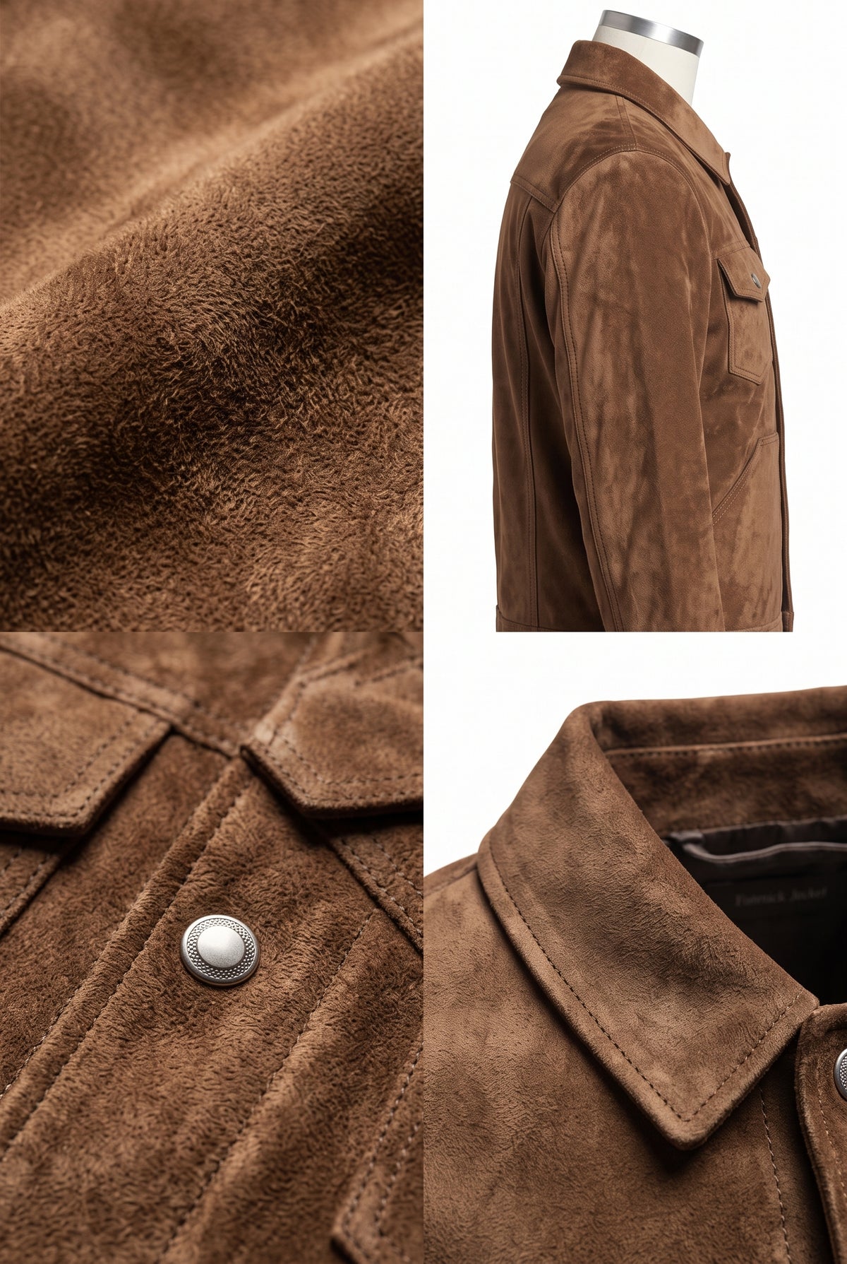 A Maverick Gatlin tobacco suede trucker jacket shown in a multi-view collage, including a close-up of the textured fabric, a side profile on a mannequin, and a collar detail with a silver snap button.