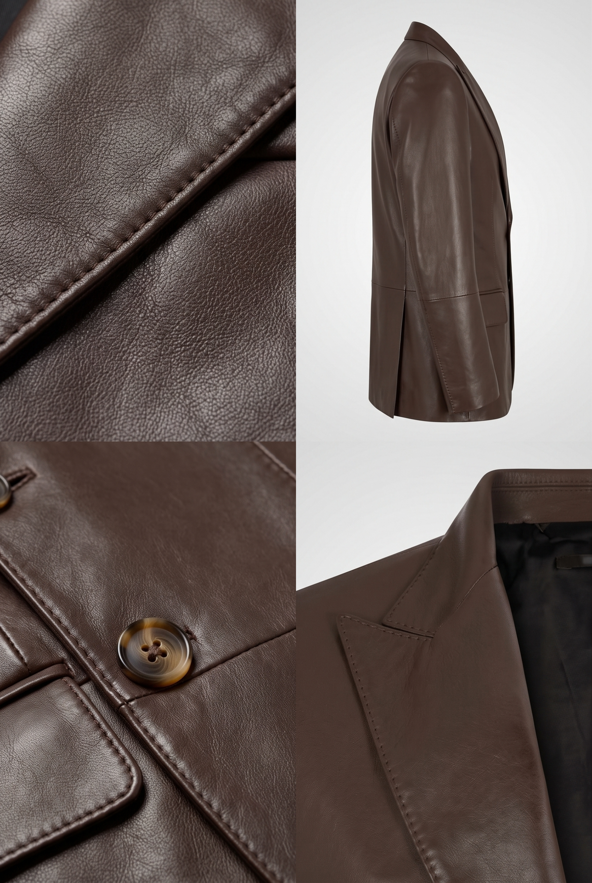 A Maverick Sinclair brown leather blazer shown in a multi-view collage, including close-up texture details of the lapel, button, pocket, and sleeve, plus a side profile view on a light gray background.