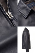 A four-panel collage showing details of a Maverick Carver navy leather zip-front sport jacket: a close-up of the zipper, the collar with a visible Maverick Baker brand label, a texture close-up, and a side profile view on a white background.