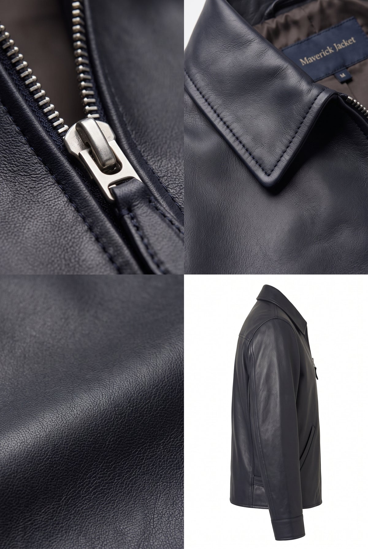 A four-panel collage showing details of a Maverick Carver navy leather zip-front sport jacket: a close-up of the zipper, the collar with a visible Maverick Baker brand label, a texture close-up, and a side profile view on a white background.