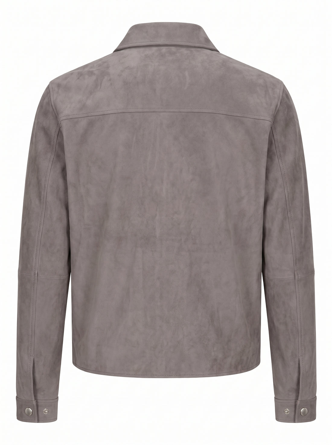 Maverick Vaughn ash grey suede blouson jacket in a front view in ghost mannequin, with point collar, silver zip and chest flap pocket.