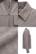 A Maverick Vaughn ash grey suede blouson jacket shown in a four-panel collage: front zipper detail, collar and chest pocket detail, fabric texture close-up, and side profile on a white background.
