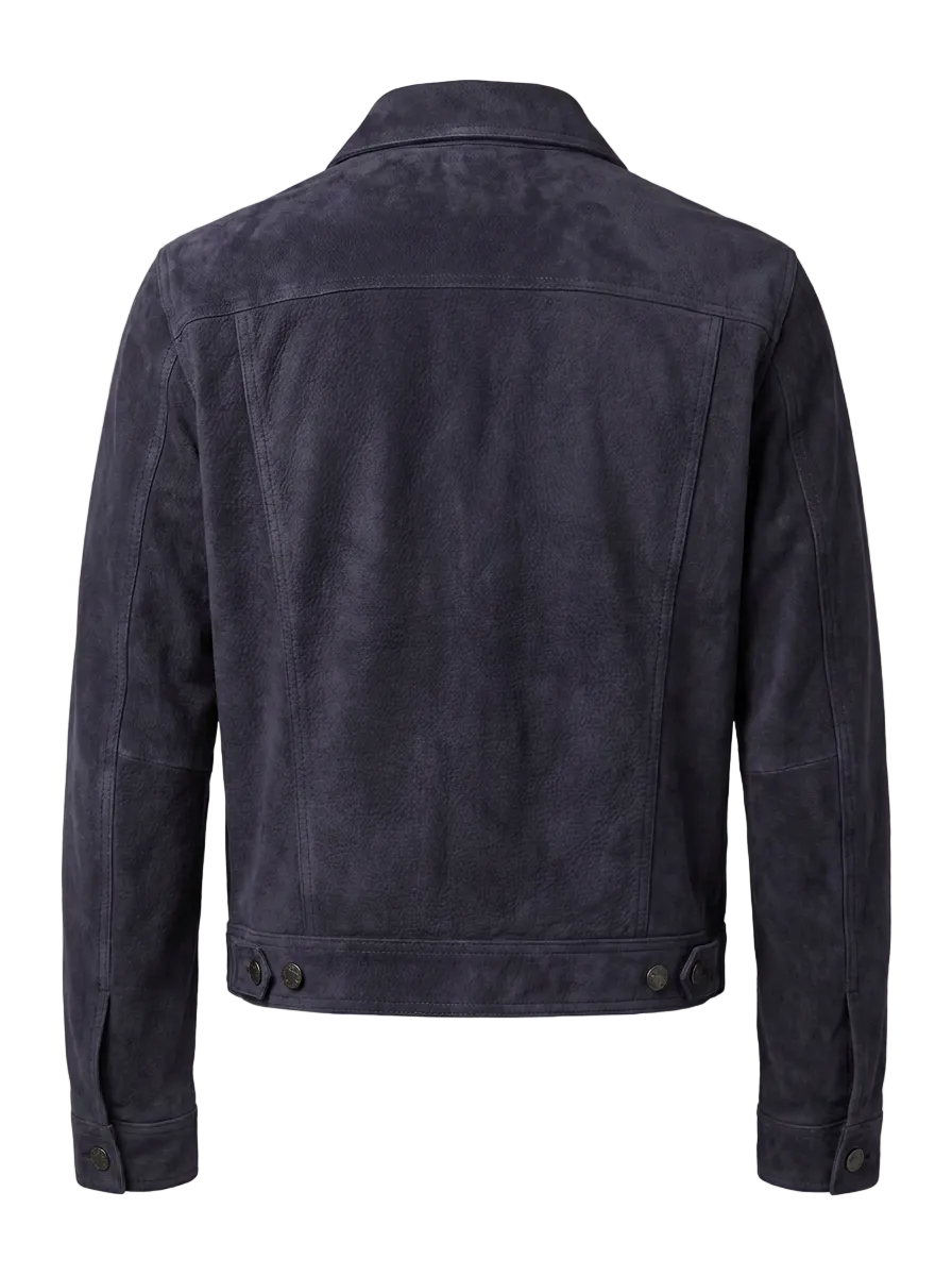 Maverick Dalton navy suede trucker jacket in a front view in ghost mannequin, with point collar, dark buttons and chest flap pockets.