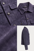A Maverick Dalton navy suede trucker jacket shown in a four-panel collage, featuring close-up views of the collar, buttons, chest pockets, texture, and side profile on a light gray background.

