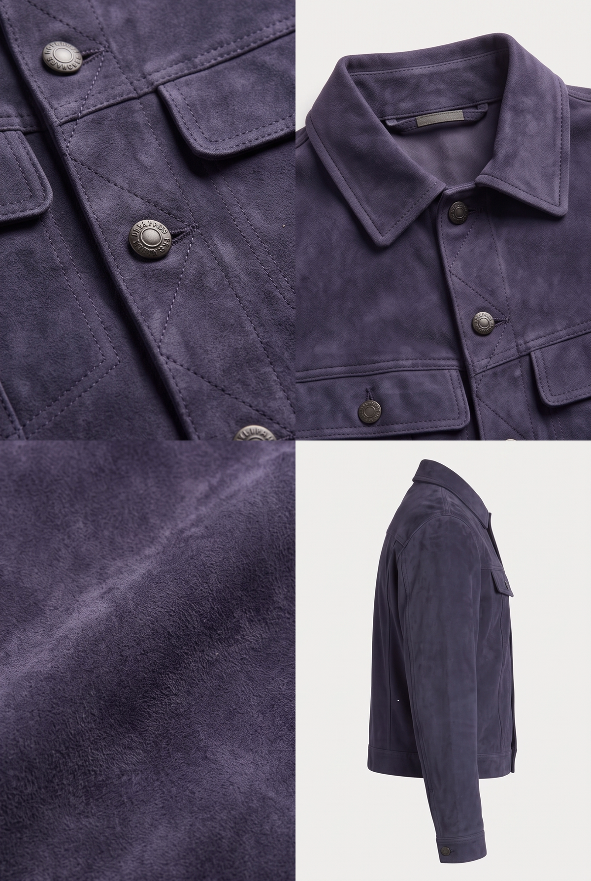 A Maverick Dalton navy suede trucker jacket shown in a four-panel collage, featuring close-up views of the collar, buttons, chest pockets, texture, and side profile on a light gray background.
