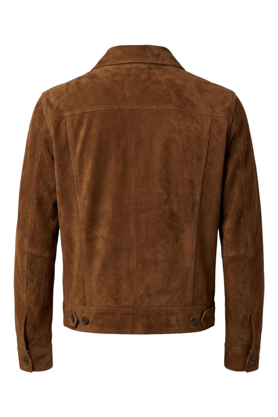 Maverick Briggs cognac suede trucker jacket in a front view in ghost mannequin, with point collar, dark buttons and flap pockets.