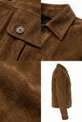 A Maverick Briggs cognac suede trucker jacket shown in a three-panel collage: close-up of the chest pocket and button, close-up of the collar and fabric texture, and a side view of the jacket on a white background. 