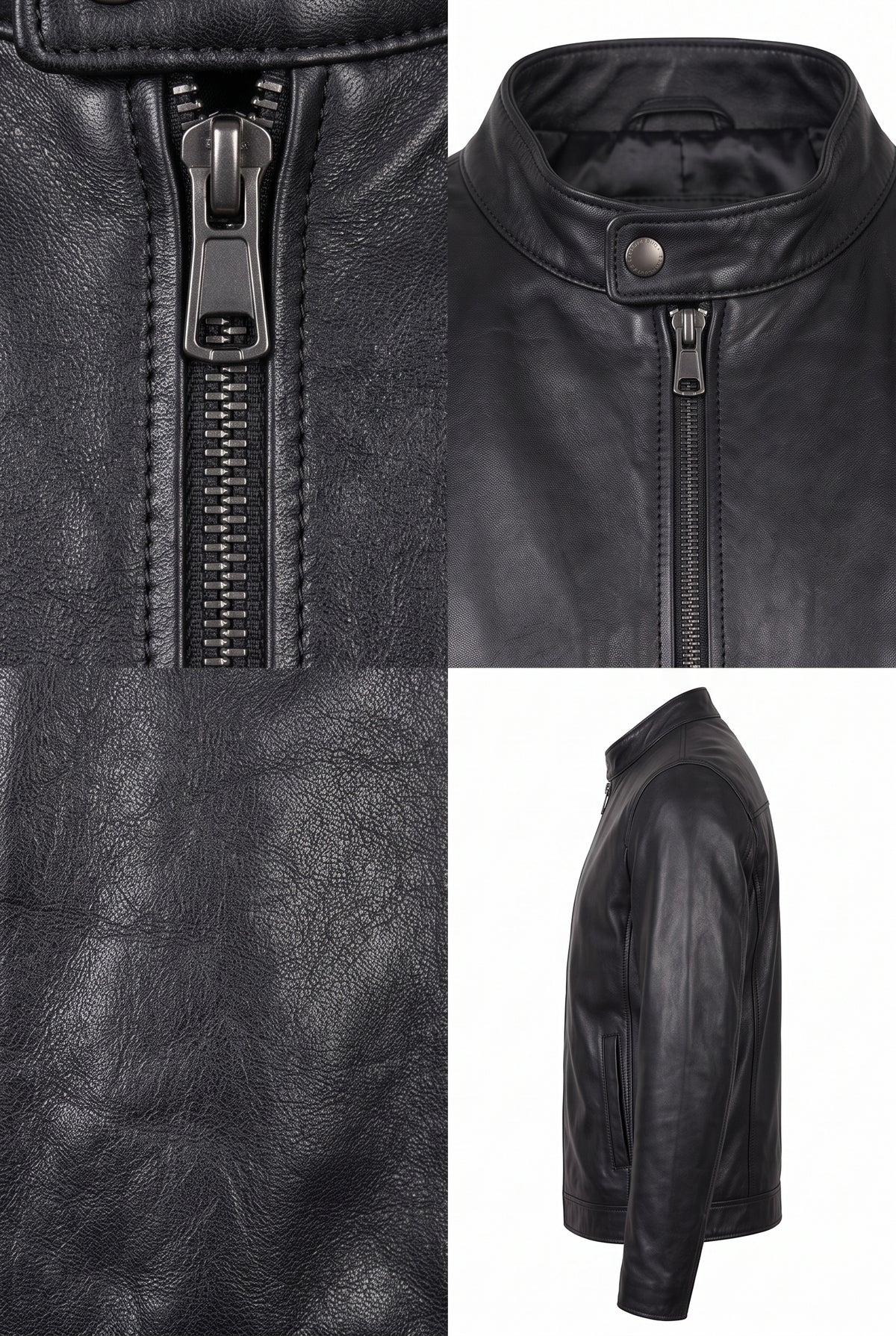 Close-up of the Maverick Lennox black leather cafe racer jacket, showing its gunmetal front zipper and pebble grain.
