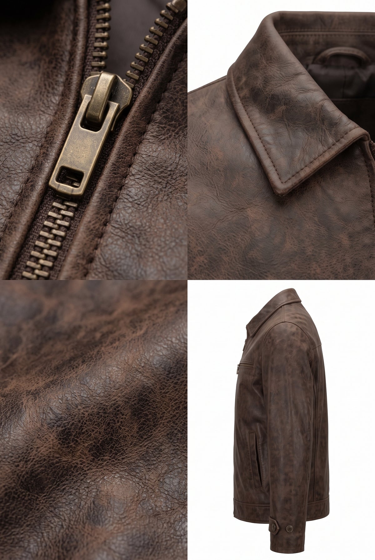 A four-panel collage showing a dark Maverick Conroy brown leather sport jacket: close-up of the zipper pull, collar detail, leather texture close-up, and side profile on a white background.