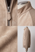 A Maverick Jensen sand suede Harrington jacket shown in a four-panel collage: front zipper detail, collar and shoulder texture, close-up fabric texture, and side profile on a mannequin against a light gray background.