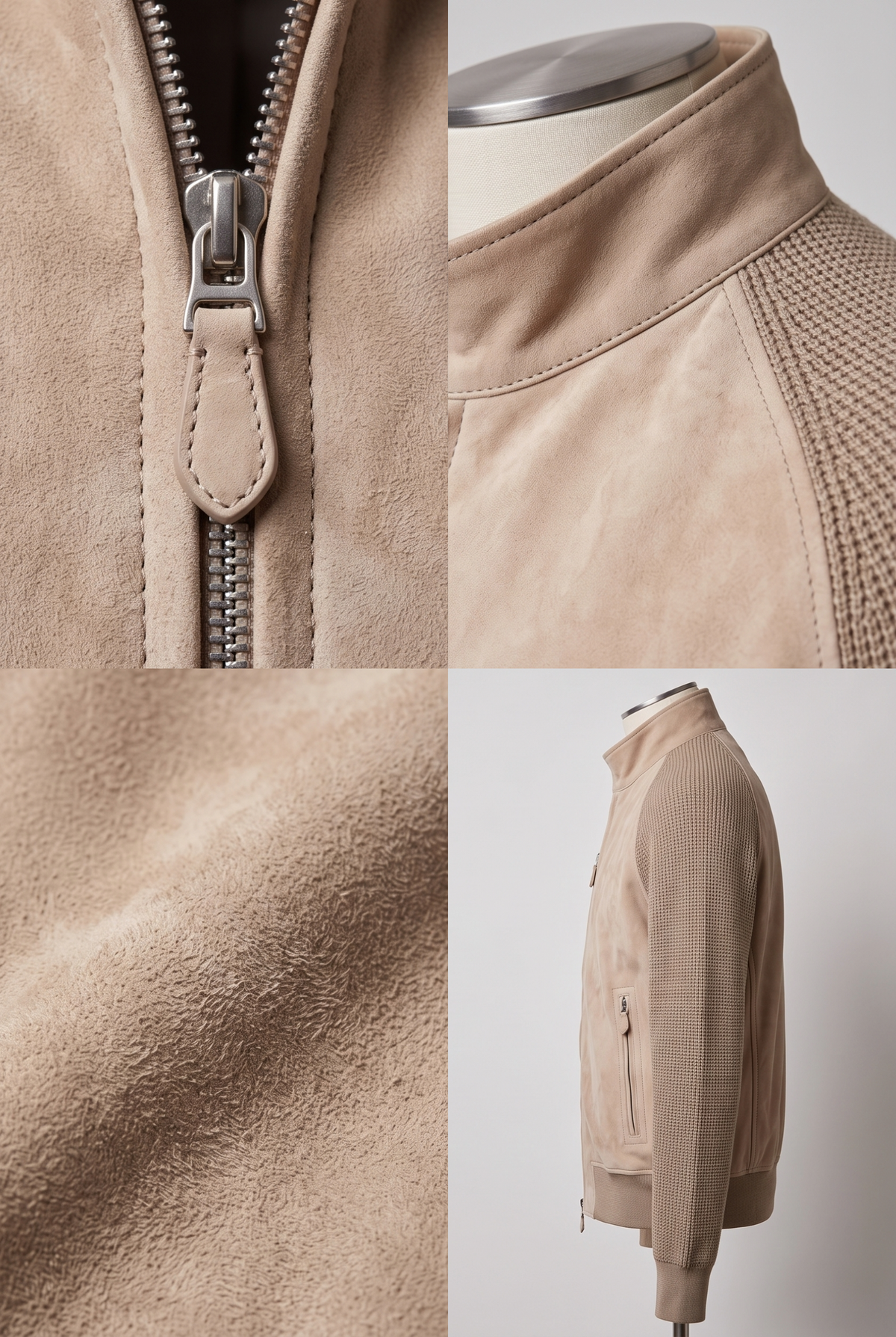A Maverick Jensen sand suede Harrington jacket shown in a four-panel collage: front zipper detail, collar and shoulder texture, close-up fabric texture, and side profile on a mannequin against a light gray background.