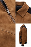 A Maverick Cortland suede blouson jacket shown in a four-panel collage: close-up of the zipper and collar, close-up of the chest texture, and a side view showing dark contrast panels on the shoulders and cuffs.