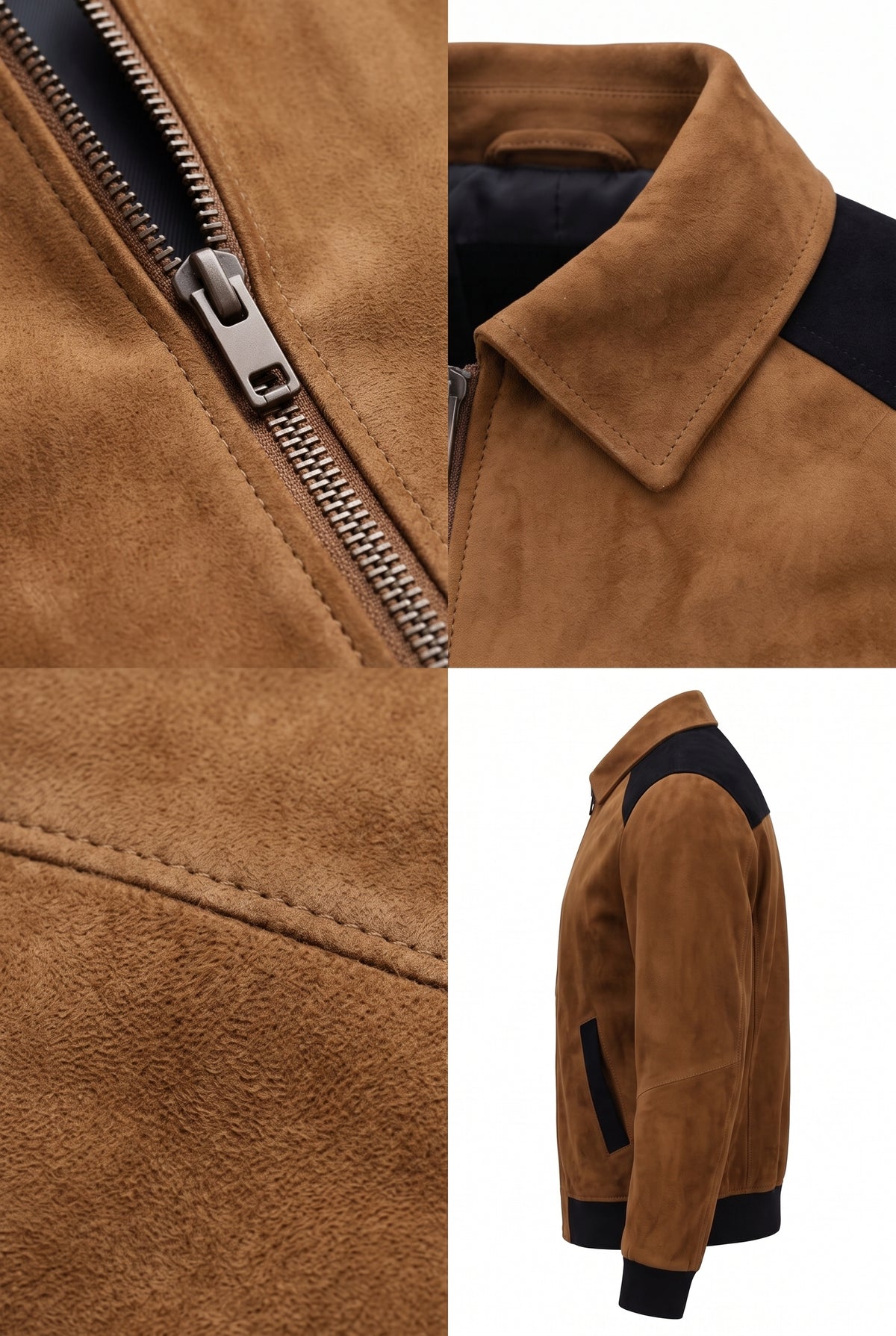 A Maverick Cortland suede blouson jacket shown in a four-panel collage: close-up of the zipper and collar, close-up of the chest texture, and a side view showing dark contrast panels on the shoulders and cuffs.