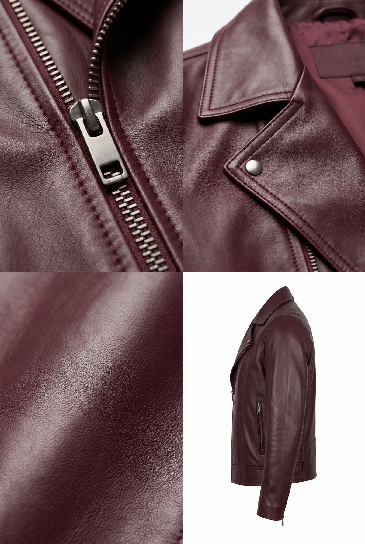 A four-panel product collage showing a Maverick Langdon oxblood leather moto jacket. The top-left panel is a close-up of the silver zipper pull and leather texture.