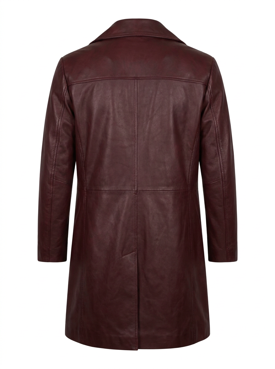 Maverick Hawthorne oxblood leather overcoat, front view in ghost mannequin with wide notch lapels and eight-button double-breasted closure.