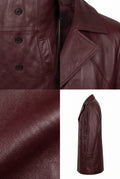 A three-panel product image showing a Maverick Hawthorne oxblood leather overcoat. The top-left panel shows a close-up of the double-breasted buttons and pocket.