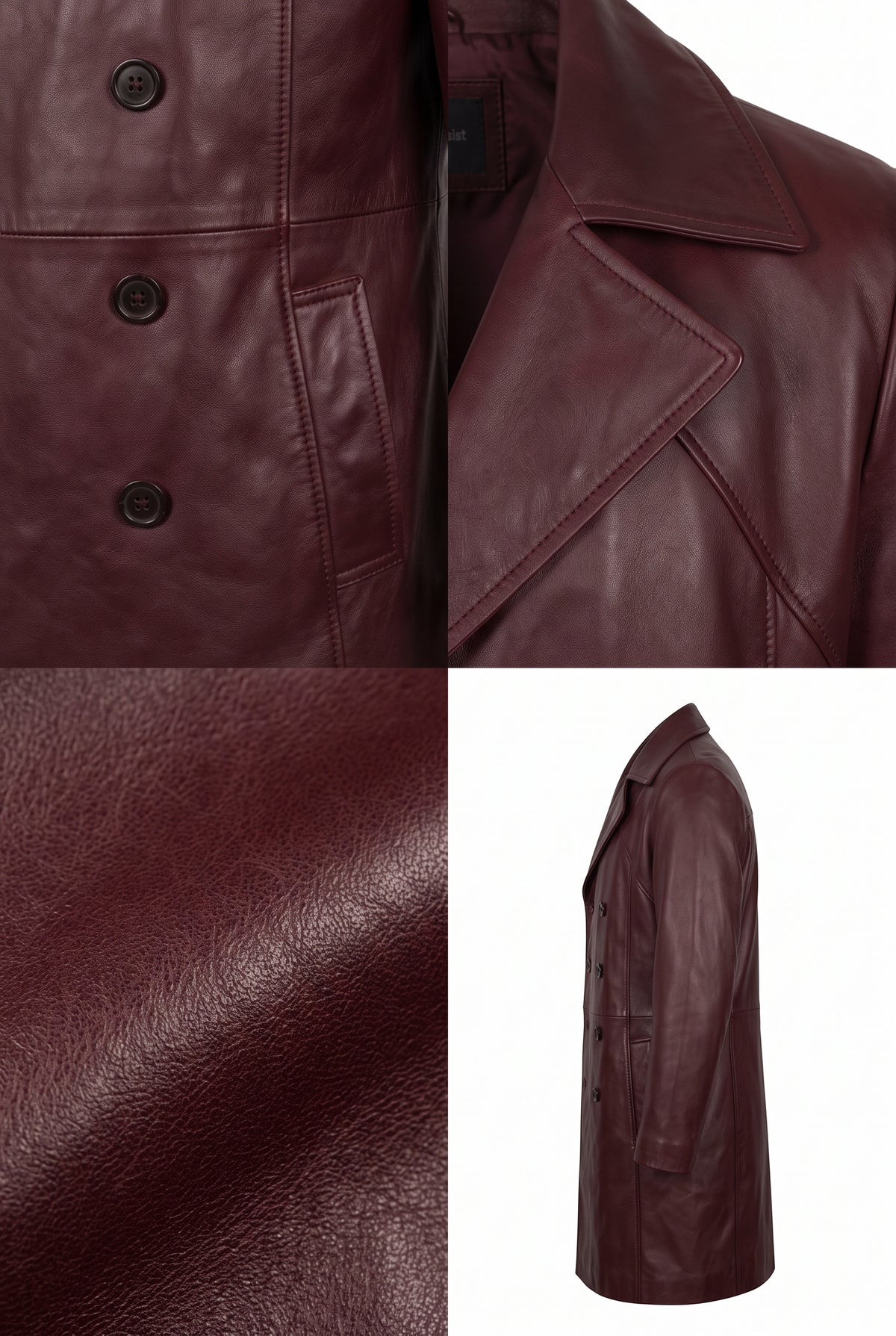 A three-panel product image showing a Maverick Hawthorne oxblood leather overcoat. The top-left panel shows a close-up of the double-breasted buttons and pocket.