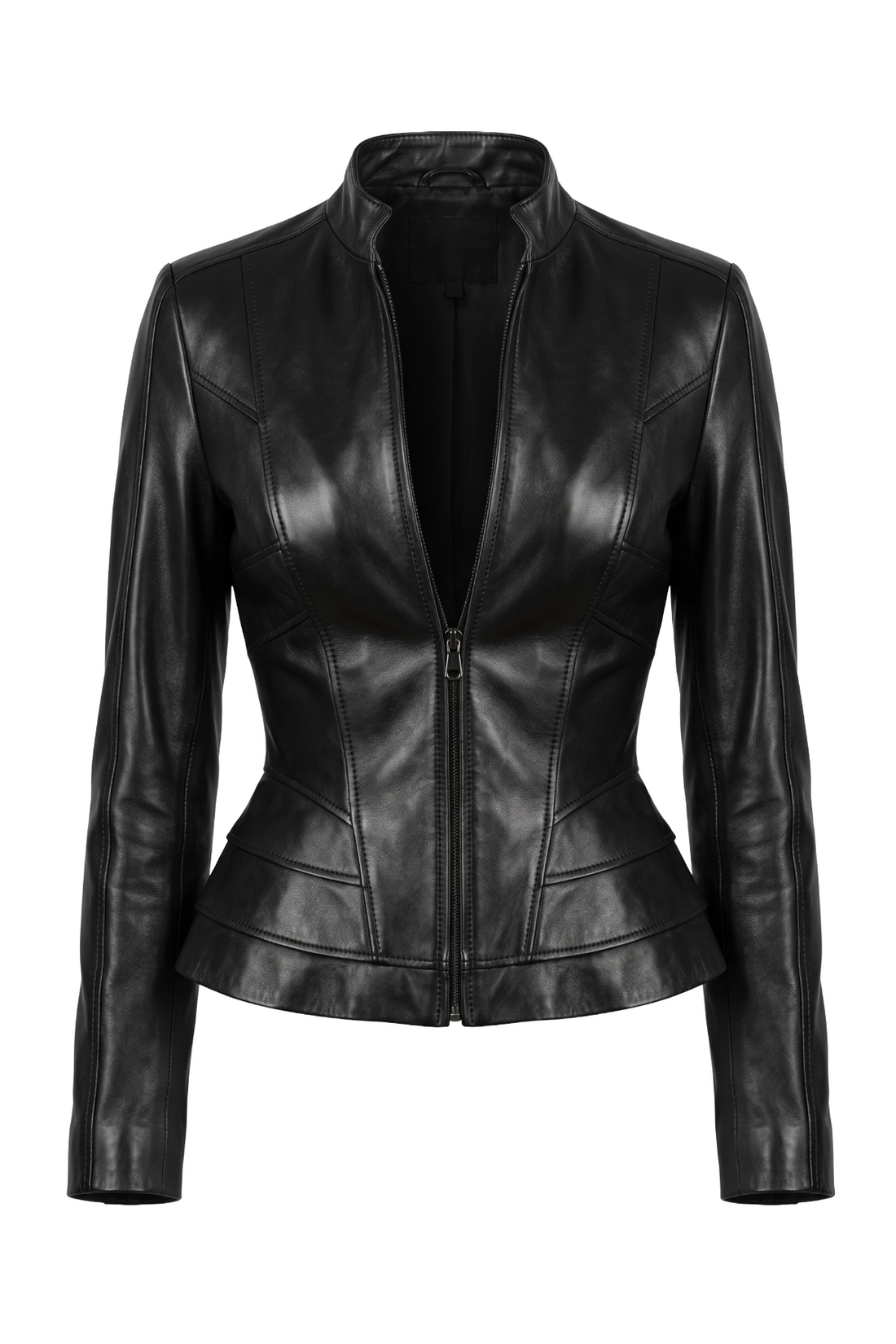 Maverick Karys black leather peplum jacket, front view in ghost mannequin with snap collar, gunmetal zip, princess seams and flared hem.