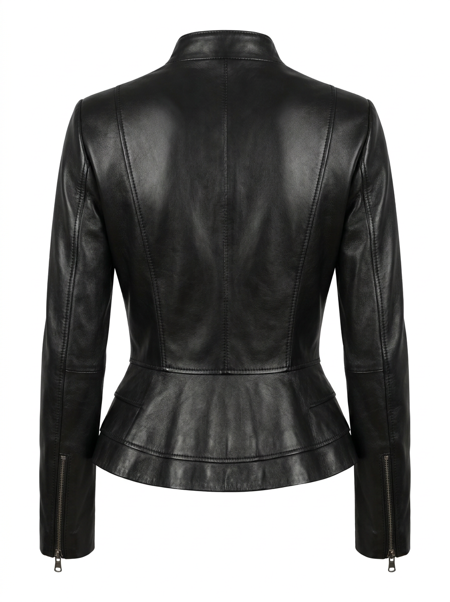 Maverick Karys black leather peplum jacket, front view in ghost mannequin with snap collar, gunmetal zip, princess seams and flared hem.