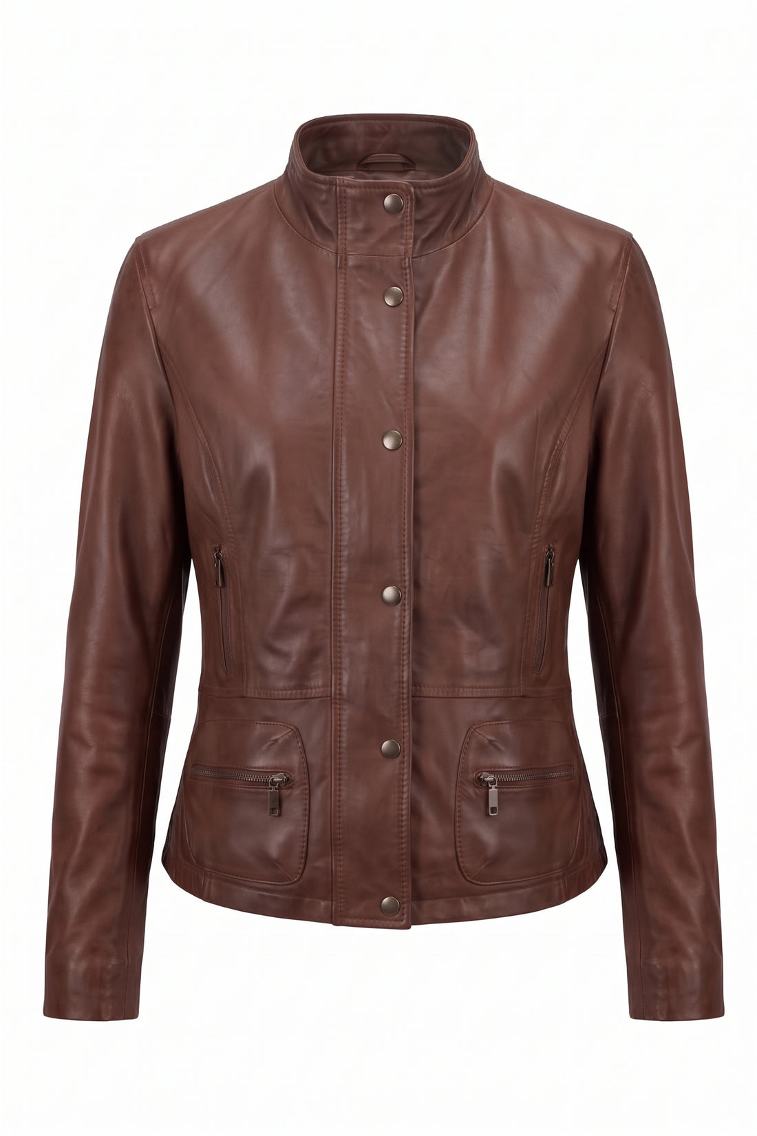 Maverick Larken chestnut leather utility jacket, front view in ghost mannequin with snap-tab collar, storm placket and four zip pockets.