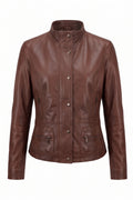 Maverick Larken chestnut leather utility jacket, front view in ghost mannequin with snap-tab collar, storm placket and four zip pockets.
