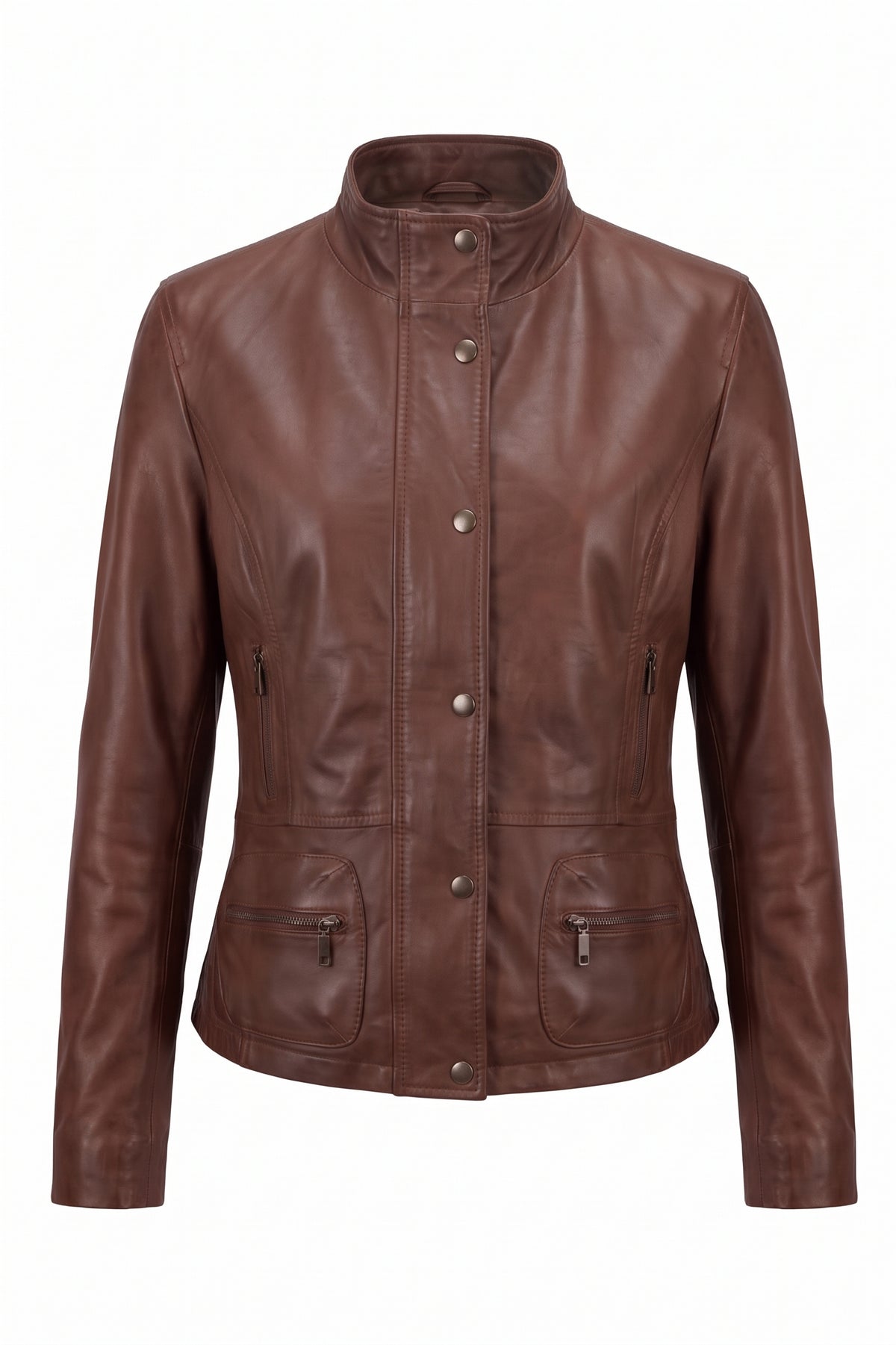 Maverick Larken chestnut leather utility jacket, front view in ghost mannequin with snap-tab collar, storm placket and four zip pockets.