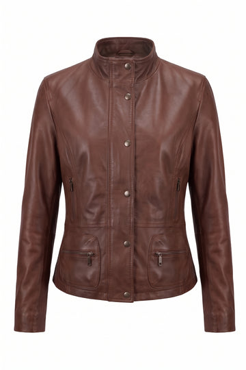 Maverick Larken chestnut leather utility jacket, front view in ghost mannequin with snap-tab collar, storm placket and four zip pockets.