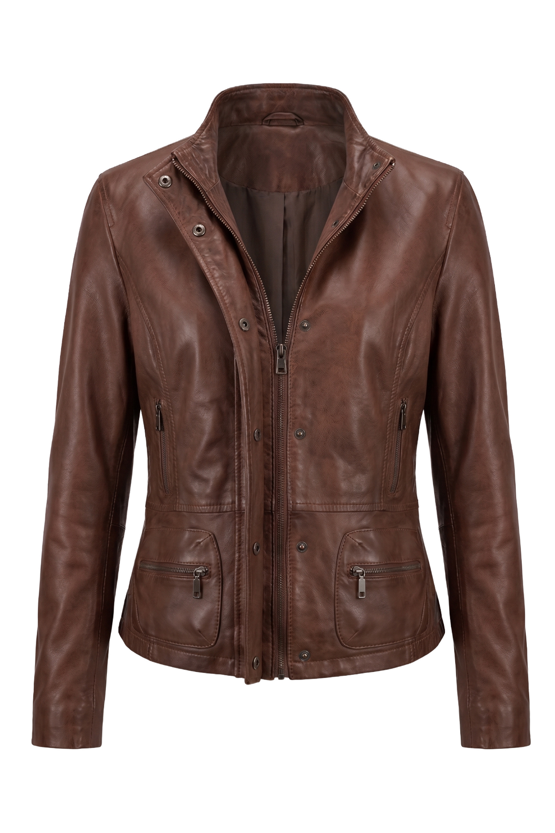Maverick Larken chestnut leather utility jacket, front view in ghost mannequin with snap-tab collar, storm placket and four zip pockets.
