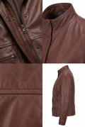 A Maverick Larken chestnut leather utility jacket shown in a four-panel collage: close-up of the zipper and snaps, close-up of the collar and shoulder, a fabric texture detail, and a side profile view on a white background.