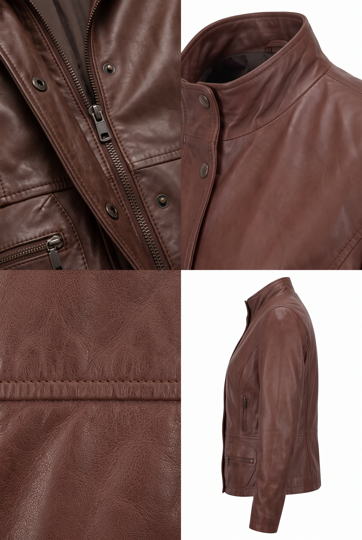 A Maverick Larken chestnut leather utility jacket shown in a four-panel collage: close-up of the zipper and snaps, close-up of the collar and shoulder, a fabric texture detail, and a side profile view on a white background.