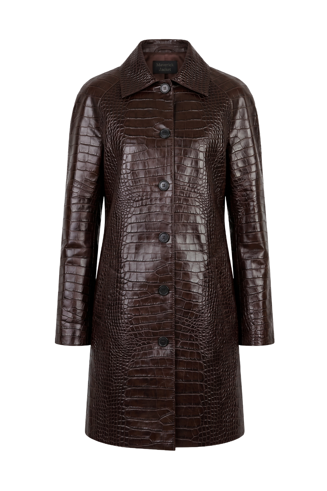 Maverick Vesper brown leather mac, front view in ghost mannequin with croc-embossed texture, point collar and five dark matte buttons.