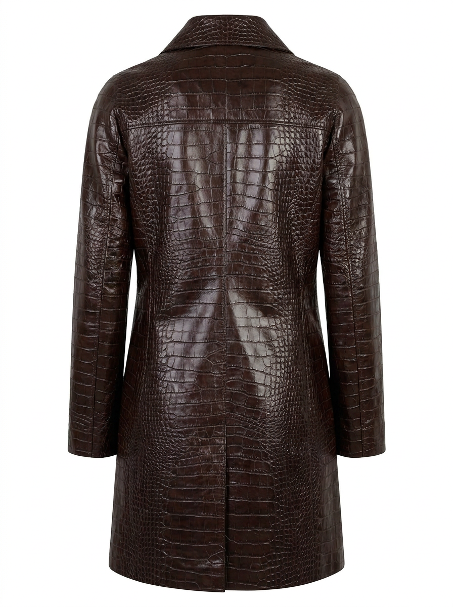 Maverick Vesper brown leather mac, front view in ghost mannequin with croc-embossed texture, point collar and five dark matte buttons.