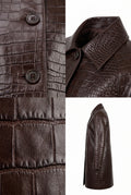 A Maverick Vesper leather mac with a crocodile pattern, shown in a multi-view collage including close-ups of the collar, buttons, and fabric texture, and a full side profile on a white background.
