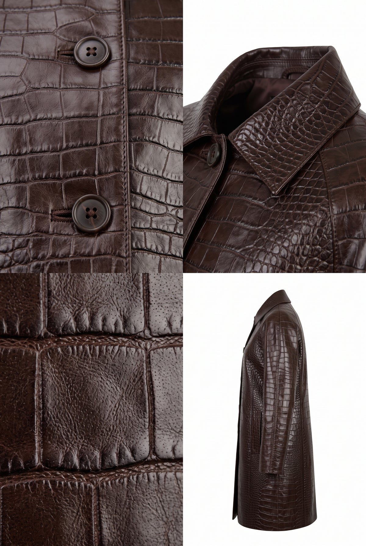 A Maverick Vesper leather mac with a crocodile pattern, shown in a multi-view collage including close-ups of the collar, buttons, and fabric texture, and a full side profile on a white background.
