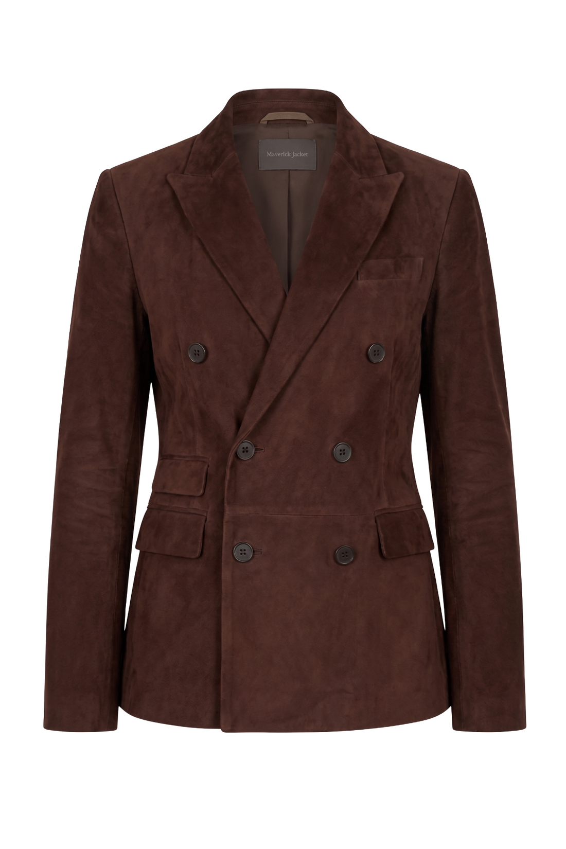 Maverick Caldwell chocolate suede double-breasted blazer, front view in ghost mannequin with peak lapels, six buttons and ticket pocket.