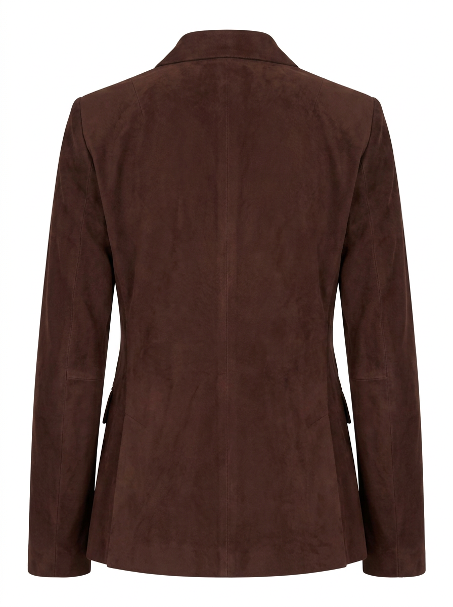 Maverick Caldwell chocolate suede double-breasted blazer, front view in ghost mannequin with peak lapels, six buttons and ticket pocket.