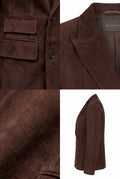 A four-panel collage showing a Maverick Caldwell chocolate suede double-breasted blazer from multiple angles: close-up of the chest pocket, close-up of the collar and inner label, fabric texture detail, and a side profile view on a white background.