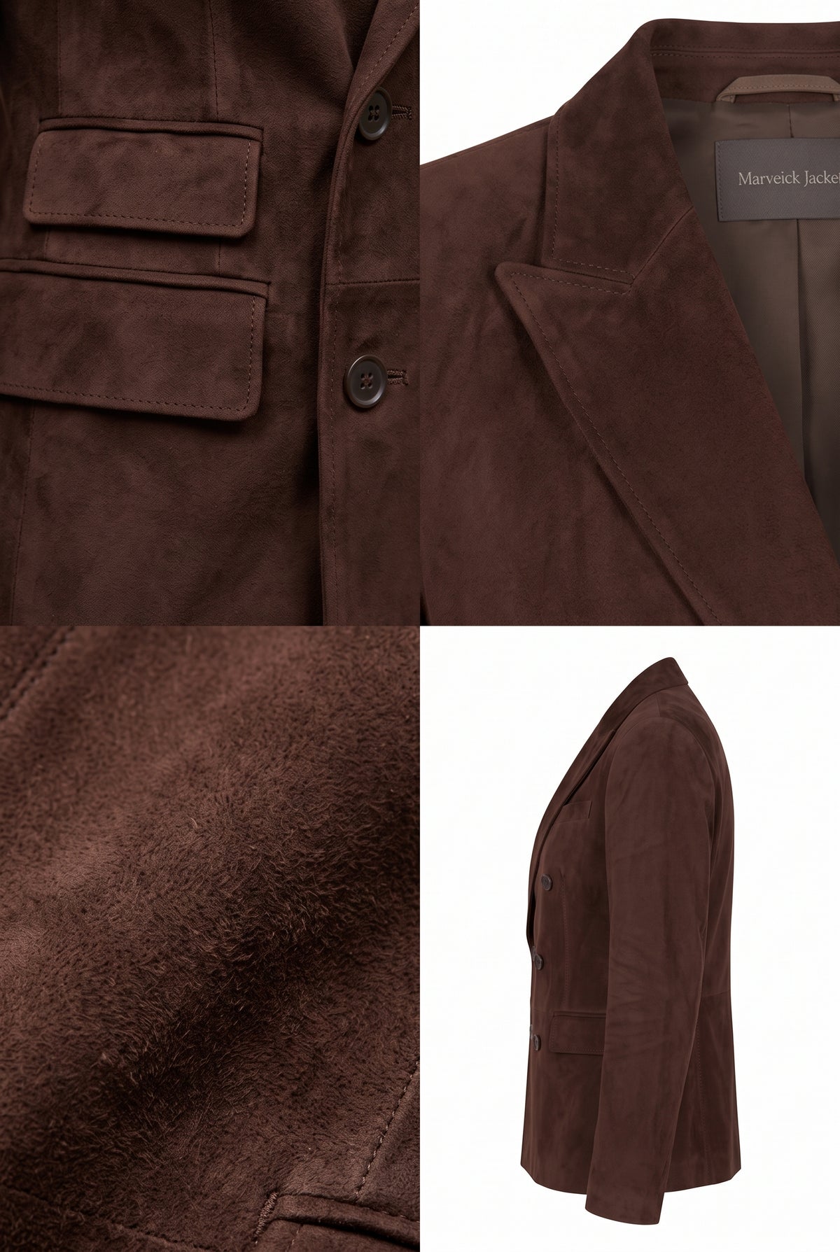 A four-panel collage showing a Maverick Caldwell chocolate suede double-breasted blazer from multiple angles: close-up of the chest pocket, close-up of the collar and inner label, fabric texture detail, and a side profile view on a white background.