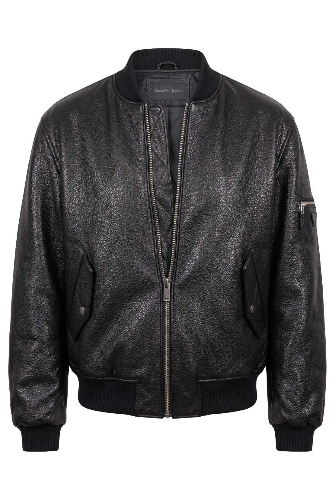 Maverick Tamsin black leather bomber jacket, front view in ghost mannequin with rib-knit collar, silver zip and snap-flap waist pockets.