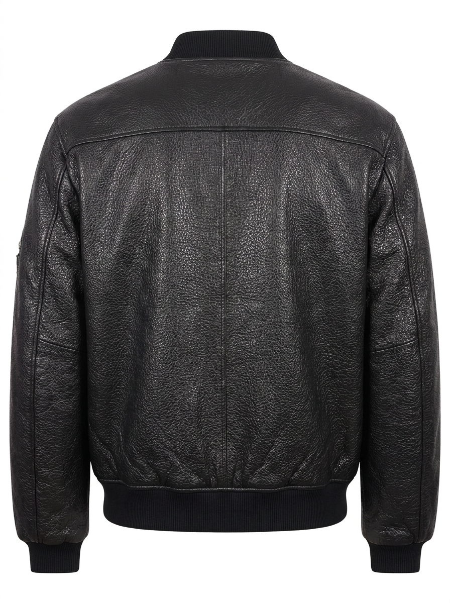 Maverick Tamsin black leather bomber jacket, front view in ghost mannequin with rib-knit collar, silver zip and snap-flap waist pockets.