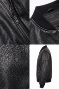 Maverick Tamsin black leather bomber jacket shown in a four-panel collage: close-up of the zipper, collar interior with visible 'Maverick Jack' branding, texture detail, and side profile on a white background.