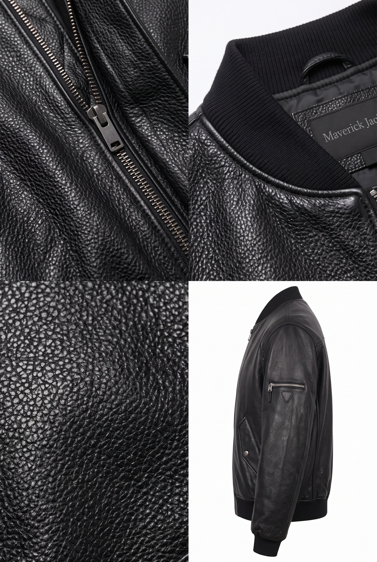 Maverick Tamsin black leather bomber jacket shown in a four-panel collage: close-up of the zipper, collar interior with visible 'Maverick Jack' branding, texture detail, and side profile on a white background.