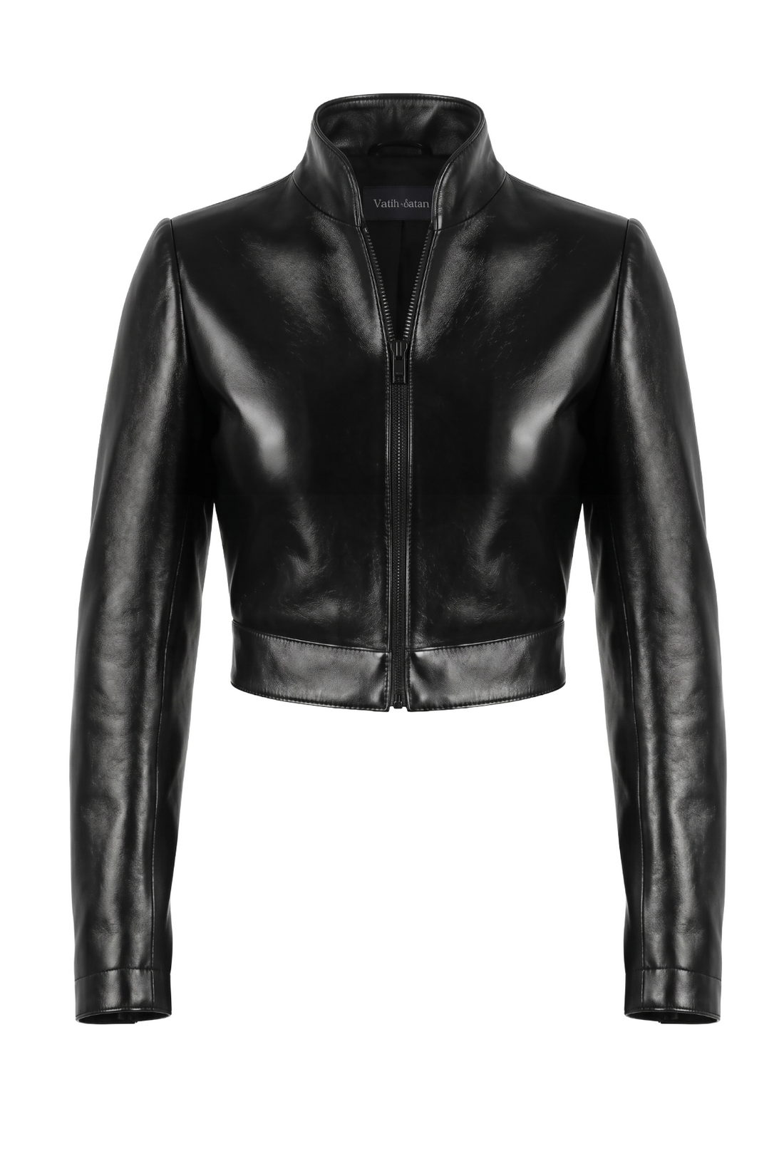Maverick Tova polished black leather cropped jacket, front view in ghost mannequin with stand collar, matte black zip and princess seams.