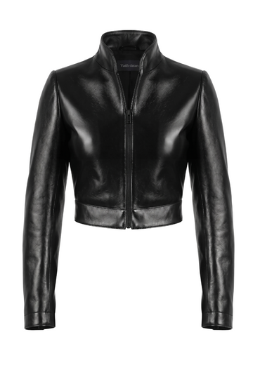 Black Polished Leather Cropped Jacket | Maverick Tova