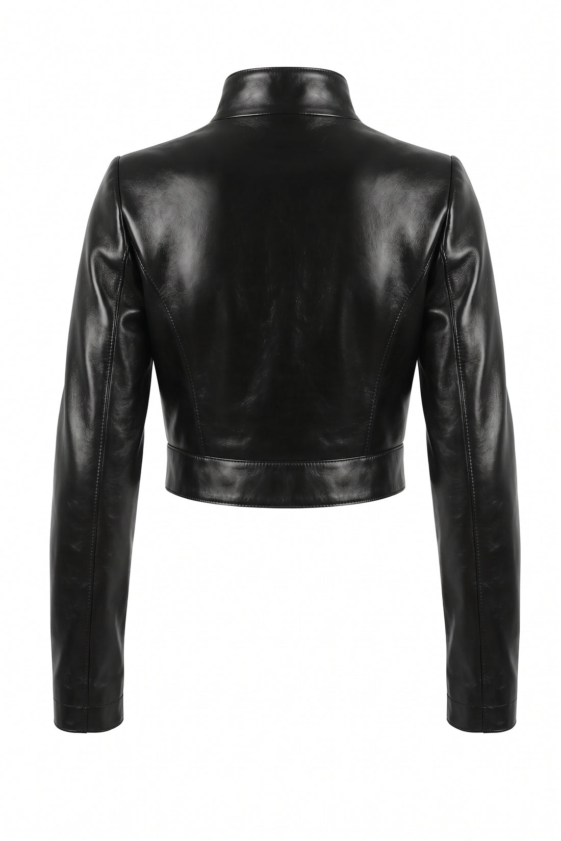 Maverick Tova polished black leather cropped jacket, front view in ghost mannequin with stand collar, matte black zip and princess seams.