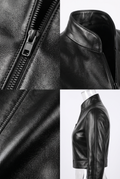 Maverick Tova black leather cropped jacket shown in a four-panel collage: close-up of the zipper, collar detail, fabric texture, and side profile on a mannequin against a light gray background.
