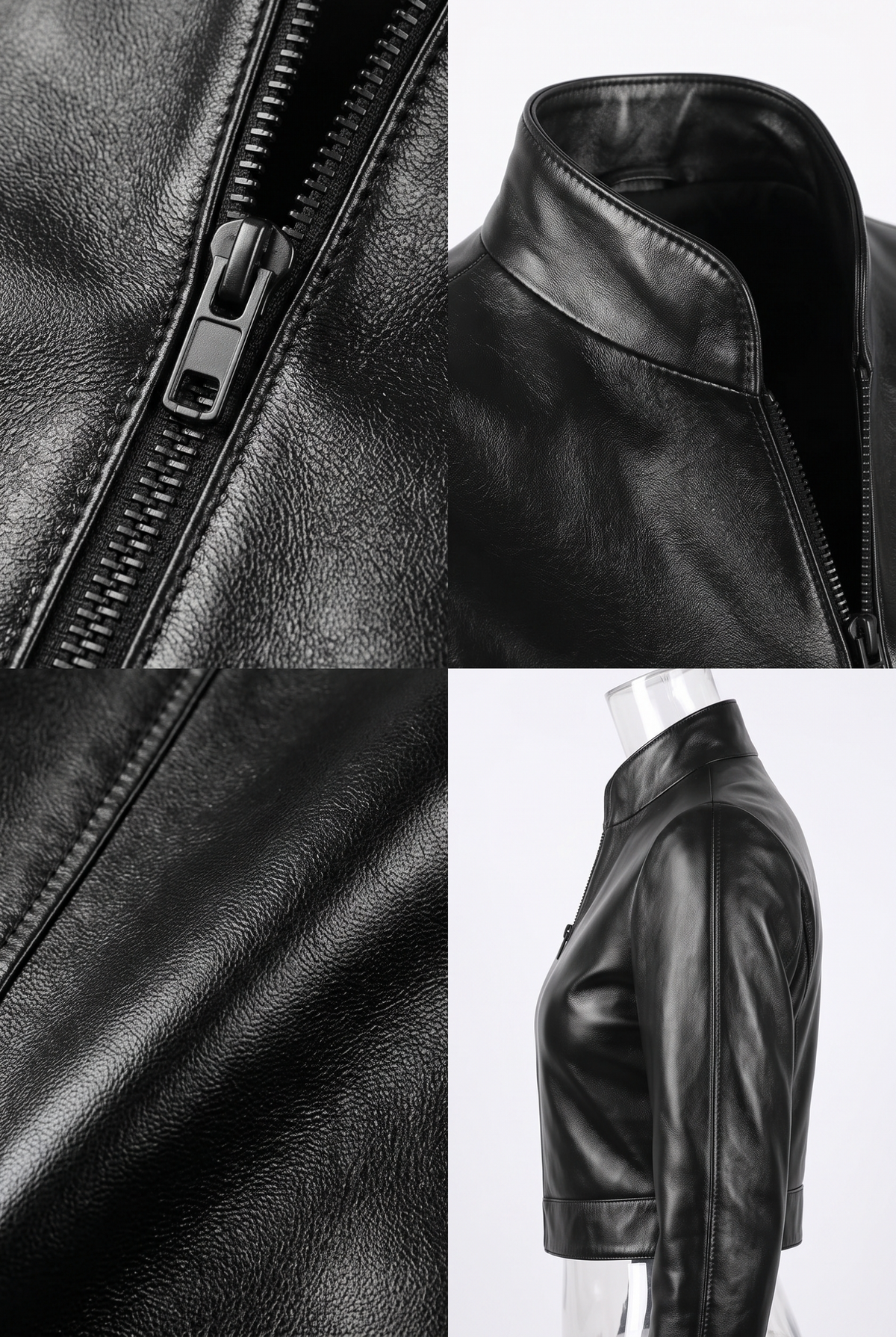 Maverick Tova black leather cropped jacket shown in a four-panel collage: close-up of the zipper, collar detail, fabric texture, and side profile on a mannequin against a light gray background.